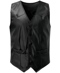 mens-v-neck-collar-black-faux-leather-vest