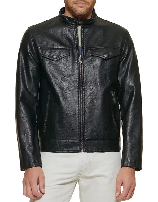 mens-black-faux-leather-trucker-jacket