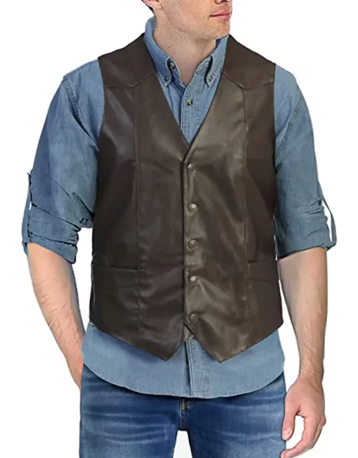 mens-button-front-dark-brown-faux-leather-vest