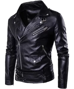 mens-casual-belted-black-faux-leather-jacket