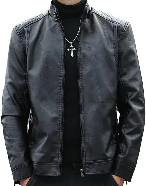 mens-casual-stand-collar-black-faux-leather-jacket