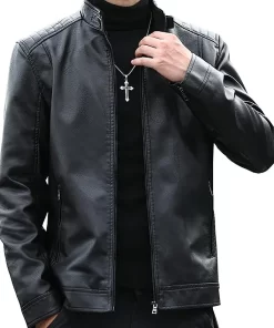 mens-casual-stand-collar-black-faux-leather-jacket