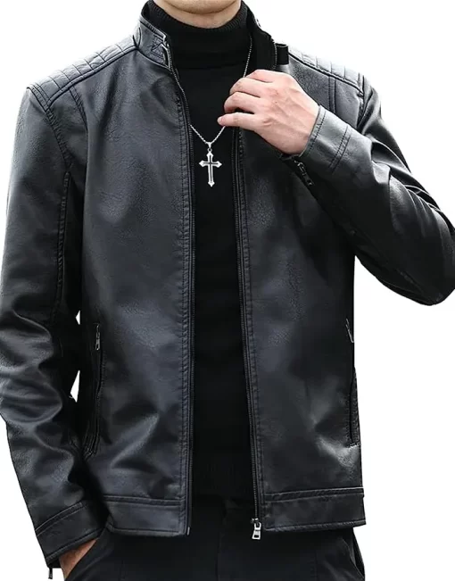 mens-casual-stand-collar-black-faux-leather-jacket