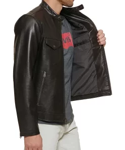 mens-dark-brown-faux-leather-trucker-jacket