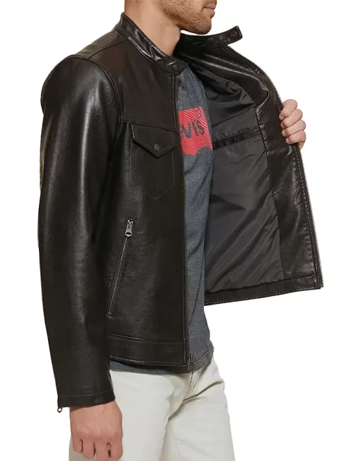 mens-dark-brown-faux-leather-trucker-jacket