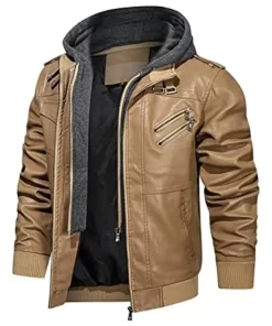 mens-khaki-faux-leather-jacket-with-removable-hood