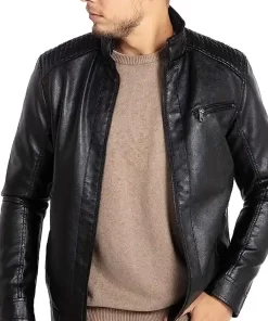 mens-stand-collar-black-faux-leather-jacket