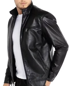 mens-stand-collar-black-faux-leather-jacket