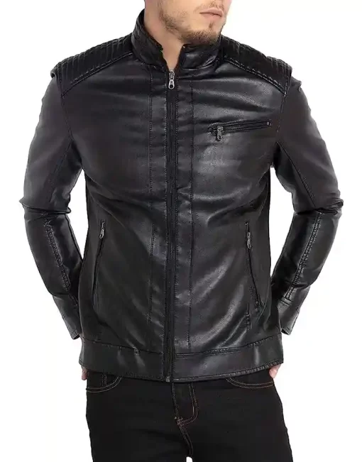 mens-stand-collar-black-faux-leather-jacket