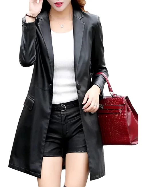 womens-black-faux-leather-mid-length-coat