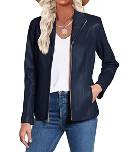 womens-long-sleeve-dark-blue-faux-leather-jacket