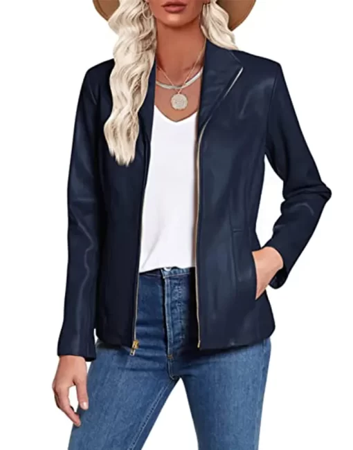 womens-long-sleeve-dark-blue-faux-leather-jacket