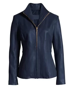 womens-long-sleeve-dark-blue-faux-leather-jacket