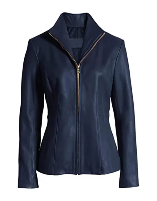 womens-long-sleeve-dark-blue-faux-leather-jacket