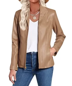 womens-long-sleeve-light-brown-faux-leather-jacket