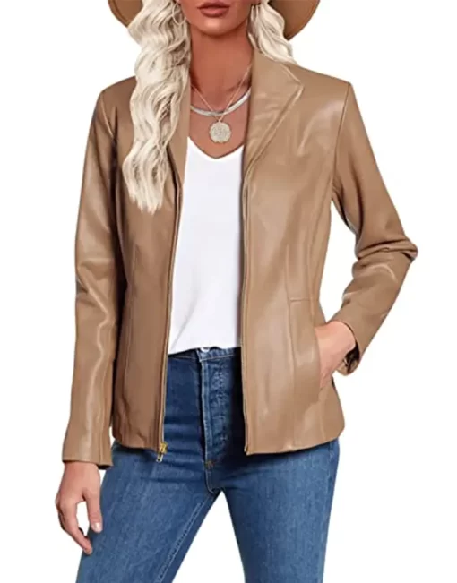 womens-long-sleeve-light-brown-faux-leather-jacket