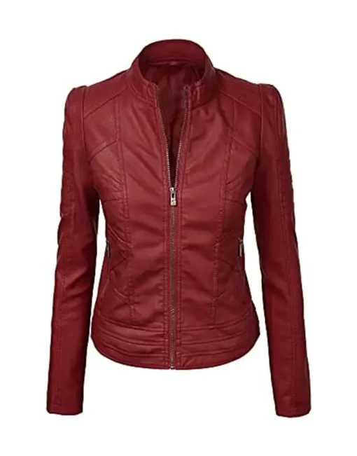 womens-maroon-faux-leather-slim-fit-jacket