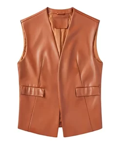 womens-open-front-brown-faux-leather-vest