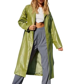 womens-open-front-green-faux-leather-coat