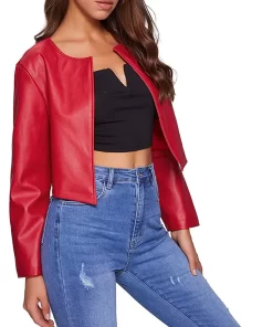 womens-open-front-red-faux-leather-jacket