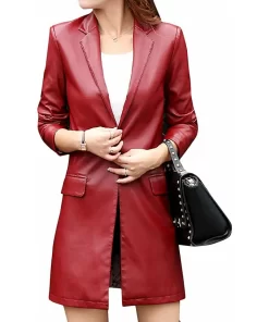 womens-red-faux-leather-mid-length-coat