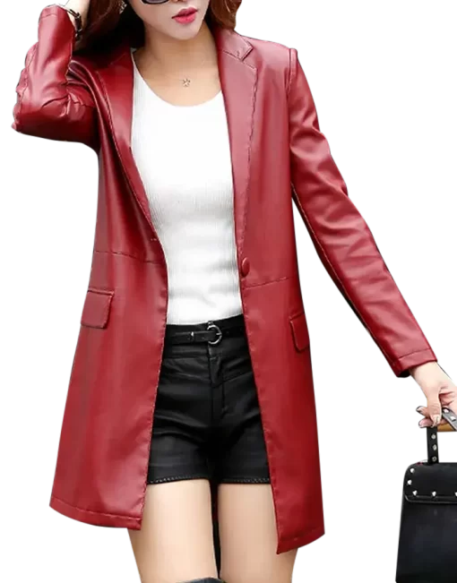 womens-red-faux-leather-mid-length-coat