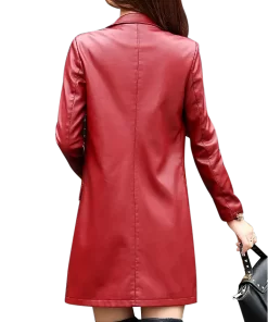 womens-red-faux-leather-mid-length-coat