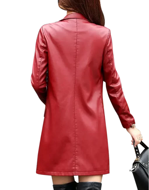 womens-red-faux-leather-mid-length-coat