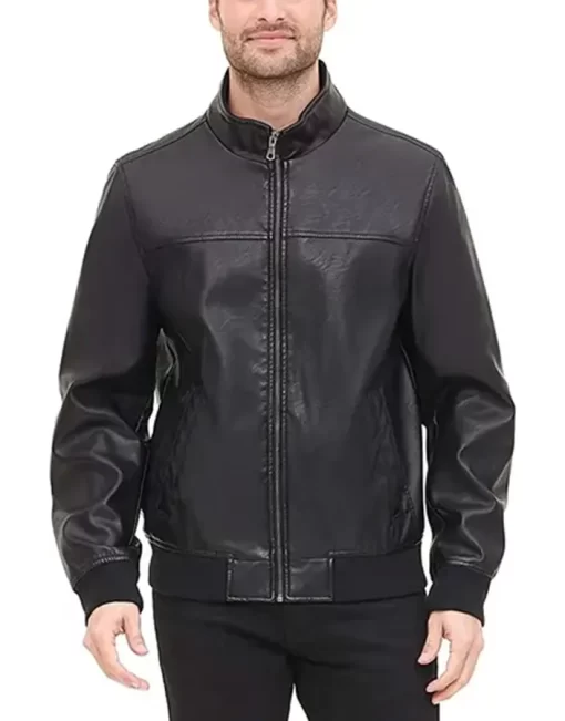 mens-black-faux-leather-bomber-jacket