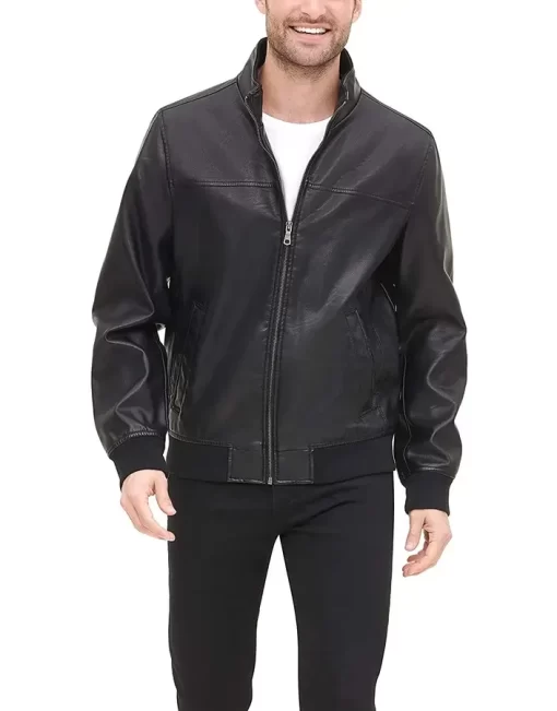 mens-black-faux-leather-bomber-jacket