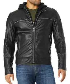 mens-black-faux-leather-hooded-moto-jacket