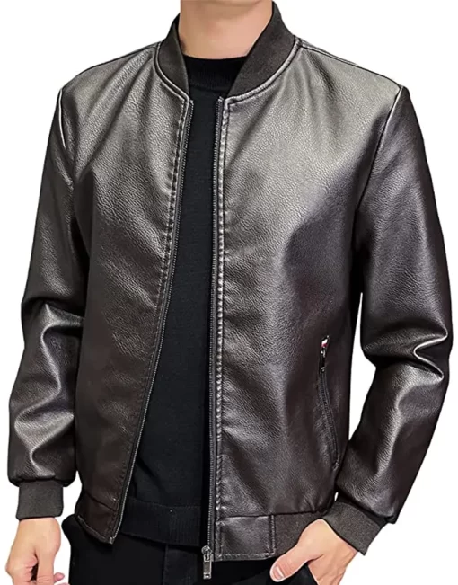 mens-black-faux-leather-slim-fit-bomber-jacket