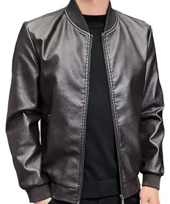 mens-black-faux-leather-slim-fit-bomber-jacket