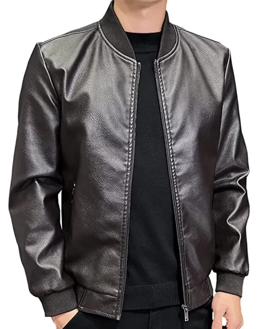 mens-black-faux-leather-slim-fit-bomber-jacket