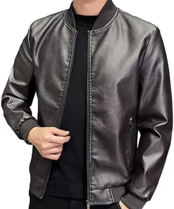 mens-black-faux-leather-slim-fit-bomber-jacket