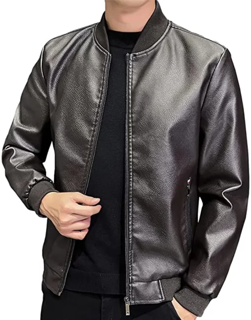 mens-black-faux-leather-slim-fit-bomber-jacket