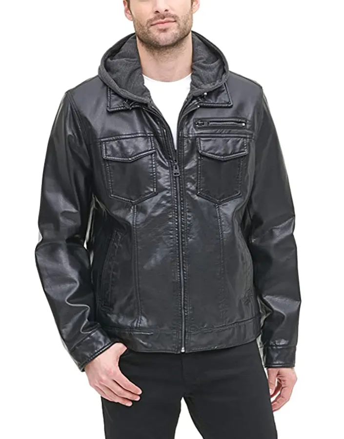 mens-black-faux-leather-trucker-hooded-jacket-1 mens-black-faux-leather-trucker-hooded-jacket