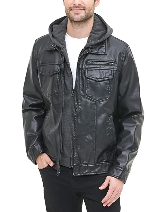 mens-black-faux-leather-trucker-hooded-jacket-2 mens-black-faux-leather-trucker-hooded-jacket