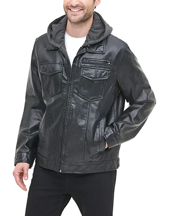 mens-black-faux-leather-trucker-hooded-jacket-3 mens-black-faux-leather-trucker-hooded-jacket