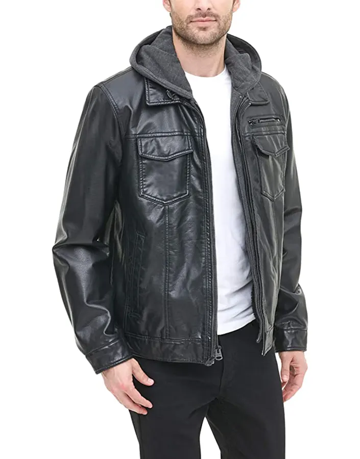 mens-black-faux-leather-trucker-hooded-jacket-4 mens-black-faux-leather-trucker-hooded-jacket