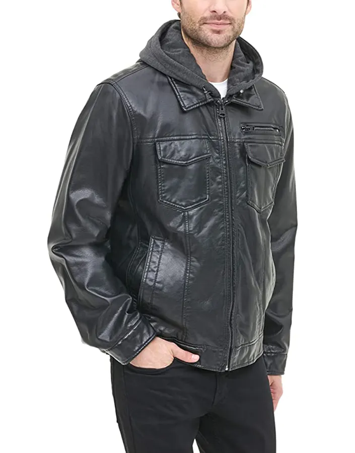 mens-black-faux-leather-trucker-hooded-jacket-5 mens-black-faux-leather-trucker-hooded-jacket