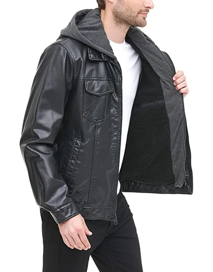 mens-black-faux-leather-trucker-hooded-jacket-6 mens-black-faux-leather-trucker-hooded-jacket