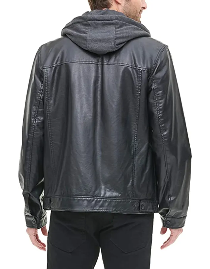 mens-black-faux-leather-trucker-hooded-jacket-7 mens-black-faux-leather-trucker-hooded-jacket