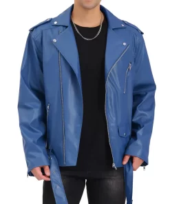 mens-blue-faux-leather-belted-jacket