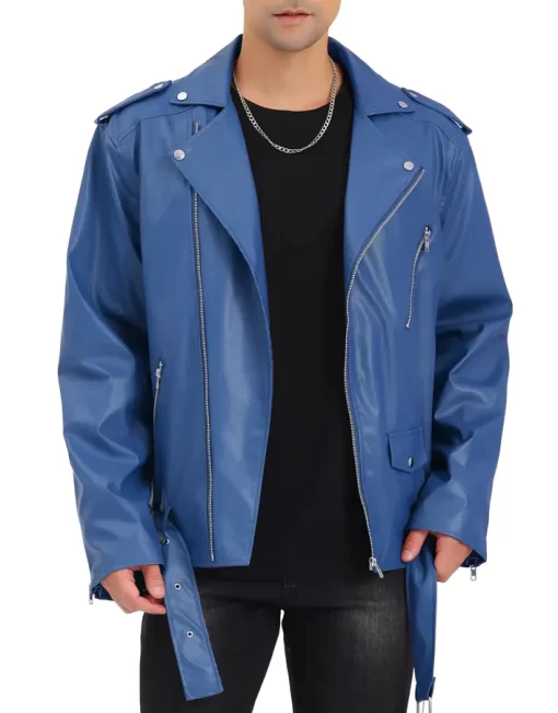 mens-blue-faux-leather-belted-jacket