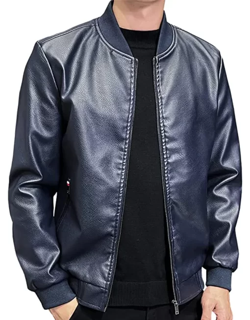 mens-blue-faux-leather-slim-fit-bomber-jacket