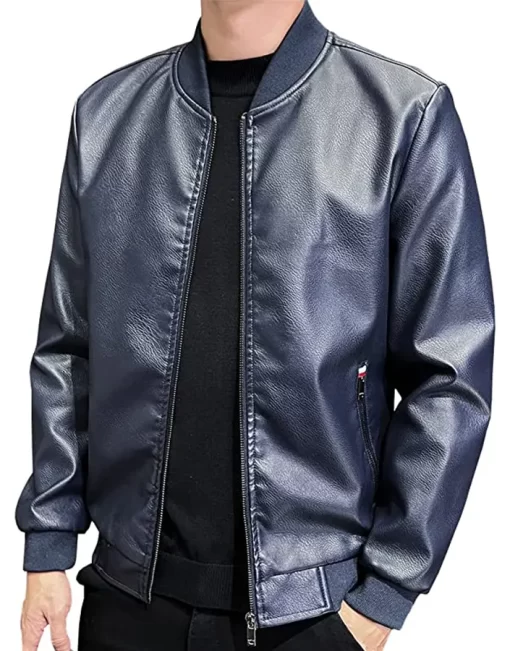 mens-blue-faux-leather-slim-fit-bomber-jacket