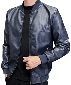 mens-blue-faux-leather-slim-fit-bomber-jacket