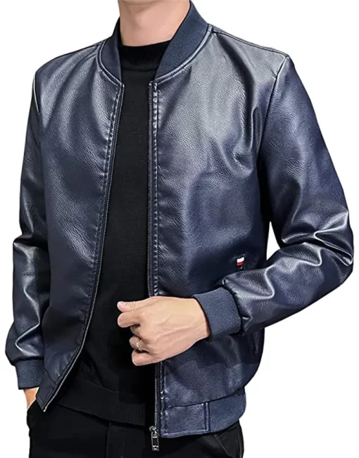 mens-blue-faux-leather-slim-fit-bomber-jacket