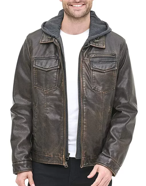 mens-dark-brown-faux-leather-hooded-jacket